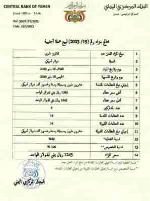 البنك المركزي اليمني يعلن عن نتائج المزاد رقم (19-2023) لبيع عملة أجنبية