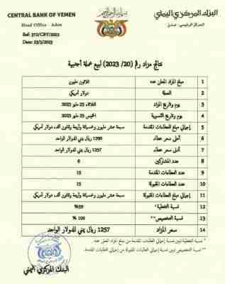 البنك المركزي اليمني يعلن عن نتائج المزاد رقم (20-2023) لبيع عملة أجنبية